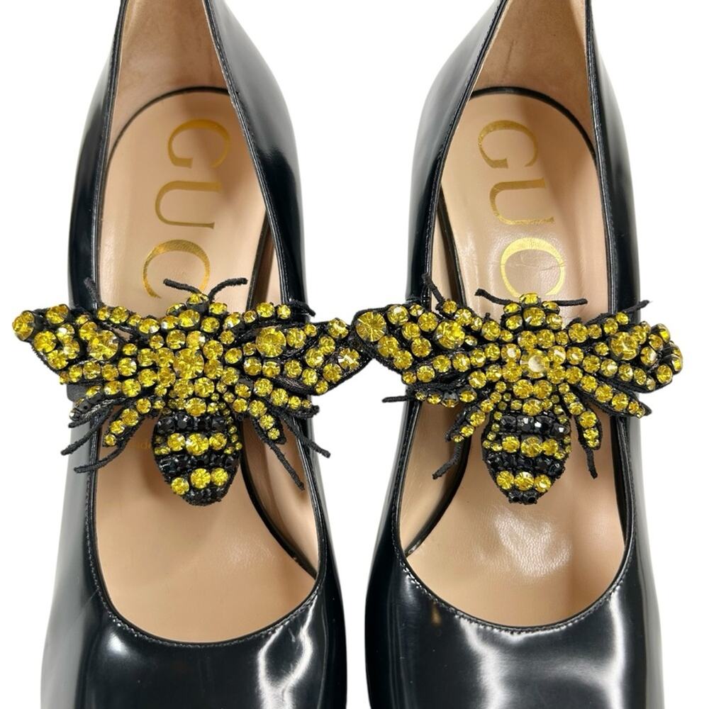 GUCCI Elaisa Polished Calfskin Crystal Bee Stiletto Pumps - Picture 4 of 15